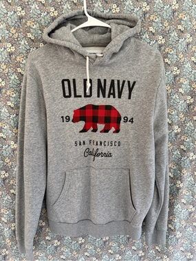 Old Navy Gray Hooded Sweatshirt with Red Plaid Bear Graphic